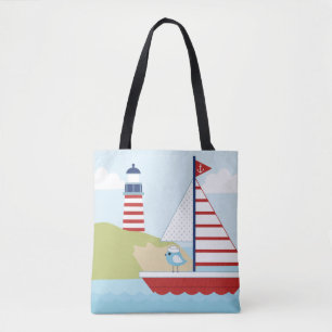 Cute Red Sail Boat and Lighthouse Tote Bag