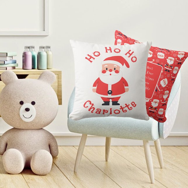 Cute Red Santa Girls Name Cushion (Kids Playroom - Front And Back )
