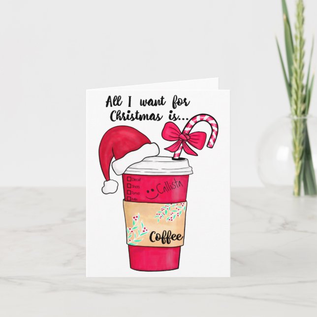 Cute Red Santa Hat Coffee Candy Cane Christmas  Card (Front)