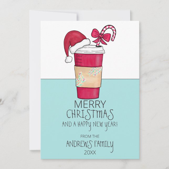 Cute Red Santa Hat Coffee Candy Cane Christmas Holiday Card (Front)