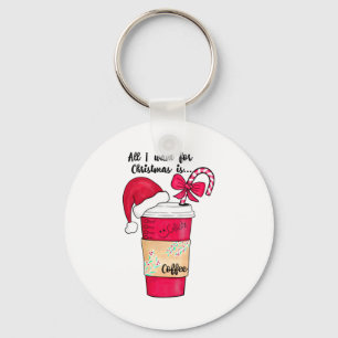 Cute Red Santa Hat Coffee Candy Cane Christmas  Key Ring