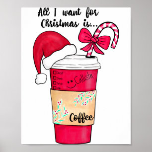 Cute Red Santa Hat Coffee Candy Cane Christmas Poster