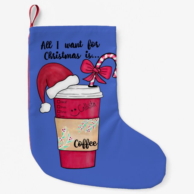 Cute Red Santa Hat Coffee Candy Cane Christmas Small Christmas Stocking (Front)