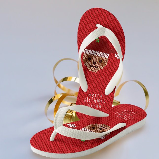 Cute Red Santa Sloth Personalise Christmas Holiday Kid's Jandals (Merry Slothmas to you and yours! Cute flip flops great for Christmas in July and the one in December)