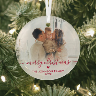 Cute Red Script Heart Family Photo Merry Christmas Glass Tree Decoration