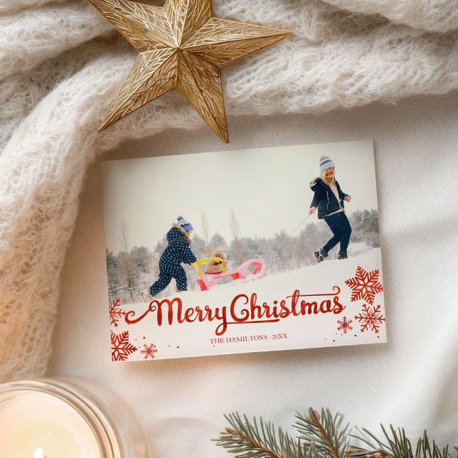 Cute Red Script Photo Snowflake Christmas Postcard (Creator Uploaded)