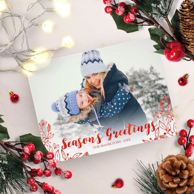 Cute Red Script Photo Winter Foliage Christmas Postcard (Creator Uploaded)