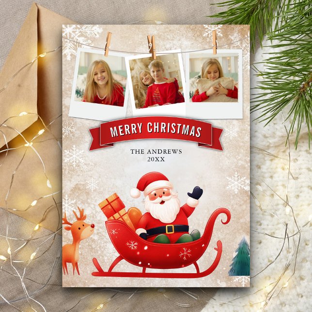 Cute Red Sleigh Santa Claus Photo Christmas Holiday Card (Creator Uploaded)