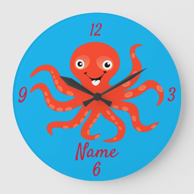 Cute Red Smiling Octopus Thunder_Cove Large Clock (Front)