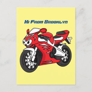Cute red sports motorcycle cartoon postcard