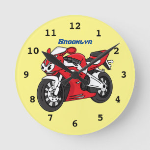 Cute red sports motorcycle cartoon round clock