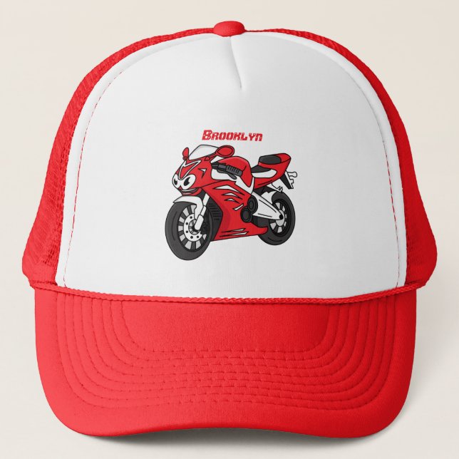 Cute red sports motorcycle cartoon trucker hat (Front)