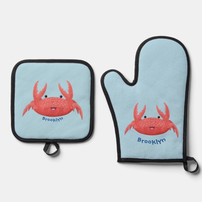 Cute red spotty crab cartoon illustration oven mitt & pot holder set (Front)