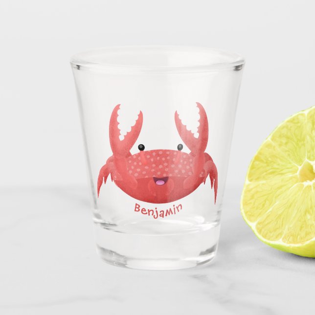 Cute red spotty crab cartoon illustration shot glass (Front)