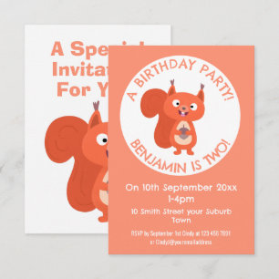 Cute red squirrel cartoon birthday invitation