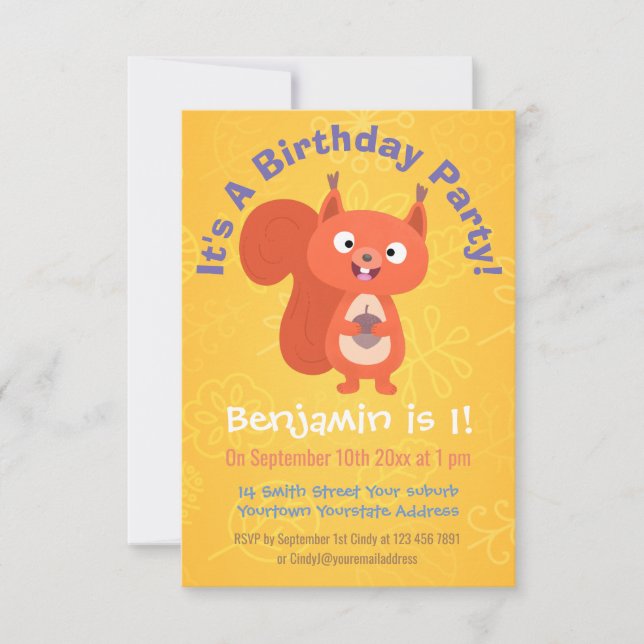 Cute red squirrel cartoon birthday invitation (Front)