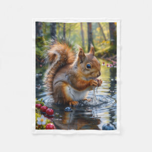 Cute Red Squirrel Drinking Water by Stream Fleece  Blanket