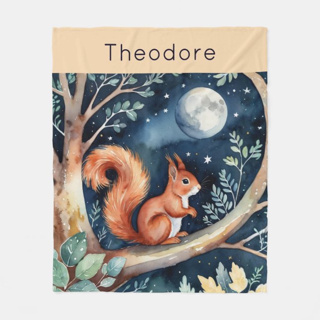 Cute Red Squirrel Moonlit Night Sky Personalised Fleece Blanket (Front)