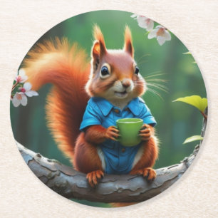 Cute Red Squirrel on The Tree-68364 Round Paper Coaster
