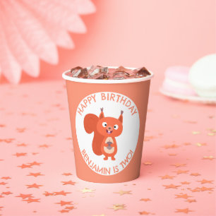 Cute red squirrel personalised cartoon birthday paper cups