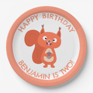 Cute red squirrel personalised cartoon birthday paper plate