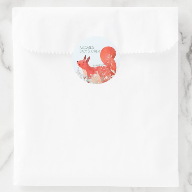 Cute Red Squirrel Wildflower Boy Baby Shower Classic Round Sticker (Bag)