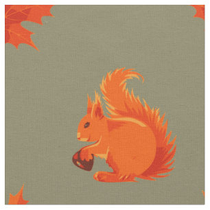 Cute Red Squirrel with Chestnut and Red Leaves Fabric