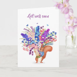 Cute red squirrel with flowers Get Well card