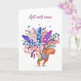 Cute red squirrel with flowers Get Well card
