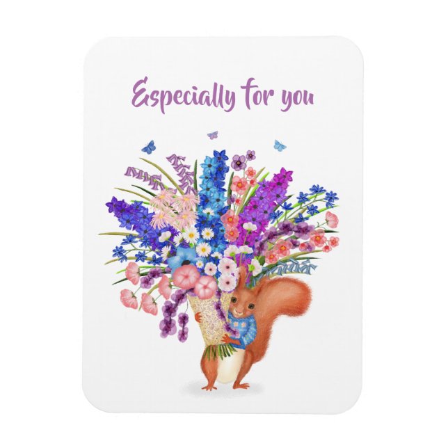 Cute red squirrel with flowers magnet (Vertical)