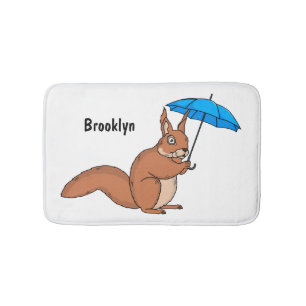 Cute red squirrel with umbrella cartoon bath mat