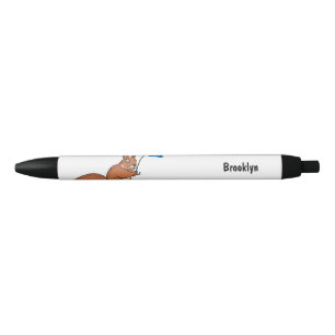Cute red squirrel with umbrella cartoon black ink pen