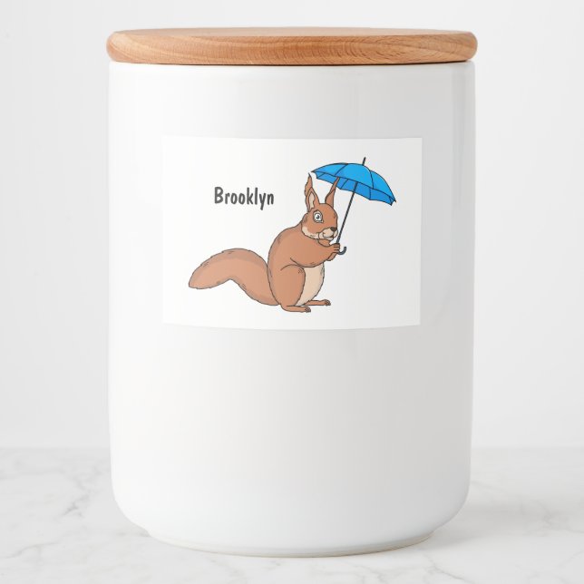 Cute red squirrel with umbrella cartoon food label (Front)