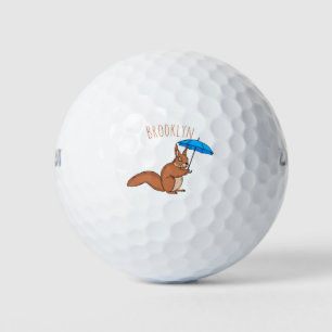 Cute red squirrel with umbrella cartoon golf balls
