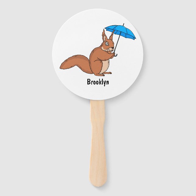 Cute red squirrel with umbrella cartoon hand fan (Front)