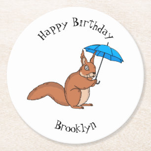 Cute red squirrel with umbrella cartoon round paper coaster