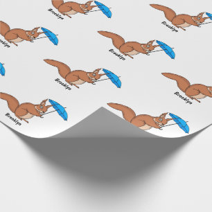 Cute red squirrel with umbrella cartoon wrapping paper