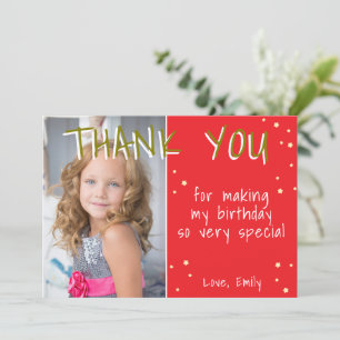 Cute Red Star Girl Photo Birthday Thank You Card