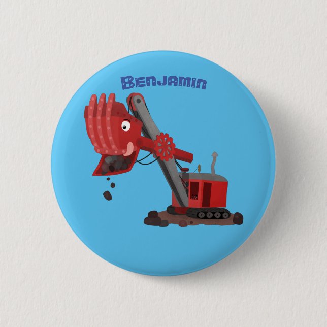 Cute red steam shovel digger cartoon illustration 6 cm round badge (Front)