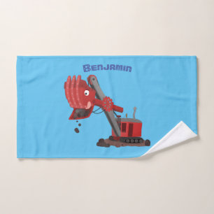 Cute red steam shovel digger cartoon illustration bath towel set