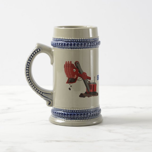 Cute red steam shovel digger cartoon illustration beer stein (Left)