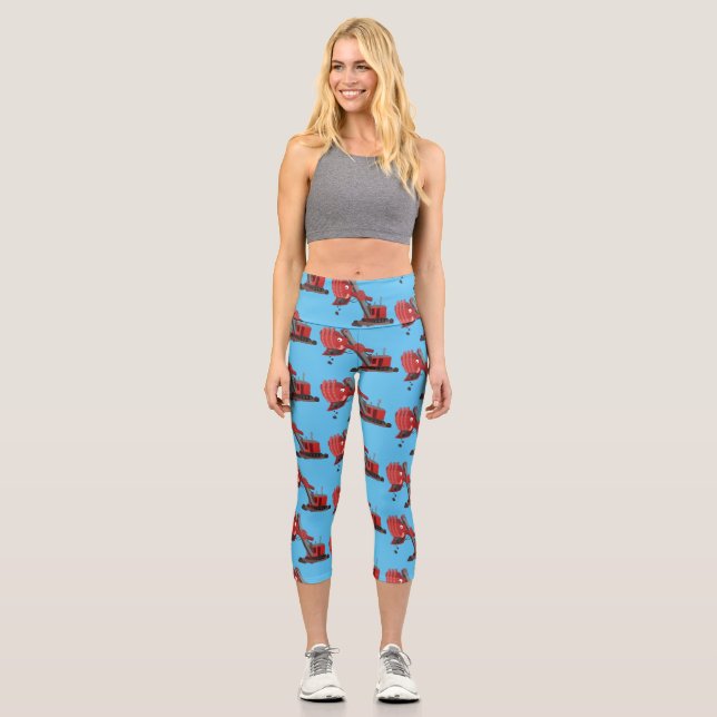 Cute red steam shovel digger cartoon illustration capri leggings (Front)