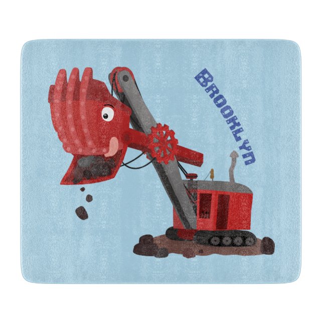 Cute red steam shovel digger cartoon illustration cutting board (Front)