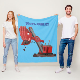 Cute red steam shovel digger cartoon illustration fleece blanket