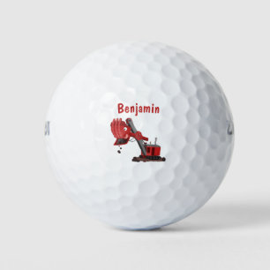 Cute red steam shovel digger cartoon illustration golf balls