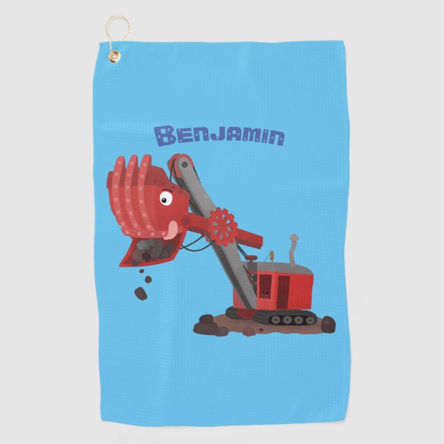Cute red steam shovel digger cartoon illustration  golf towel (Front)