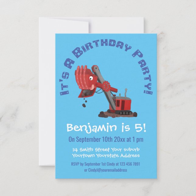 Cute red steam shovel digger cartoon illustration invitation (Front)