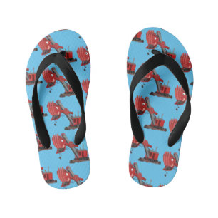 Cute red steam shovel digger cartoon illustration kid's jandals