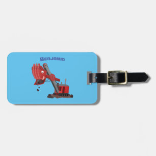 Cute red steam shovel digger cartoon illustration luggage tag