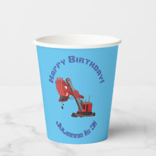 Cute red steam shovel digger cartoon illustration paper cups